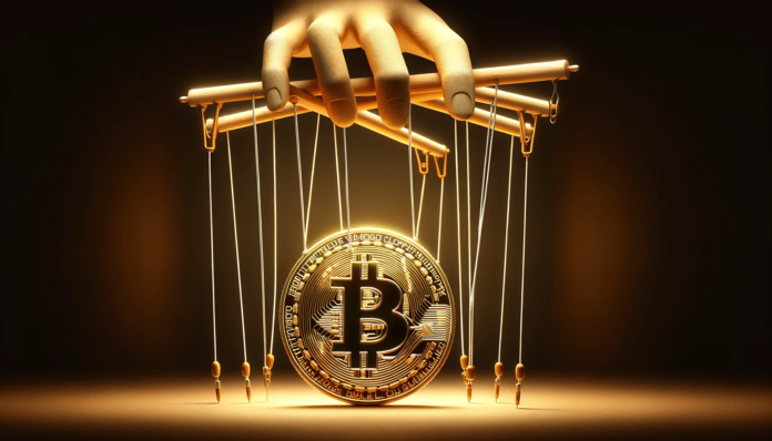 DALL·E-2024-06-06-08.34.00-A-wide-format-illustration-of-a-golden-Bitcoin-coin-controlled-by-puppeteer-strings.-The-Bitcoin-should-appear-shiny-and-metallic-suspended-in-mid-ai.png