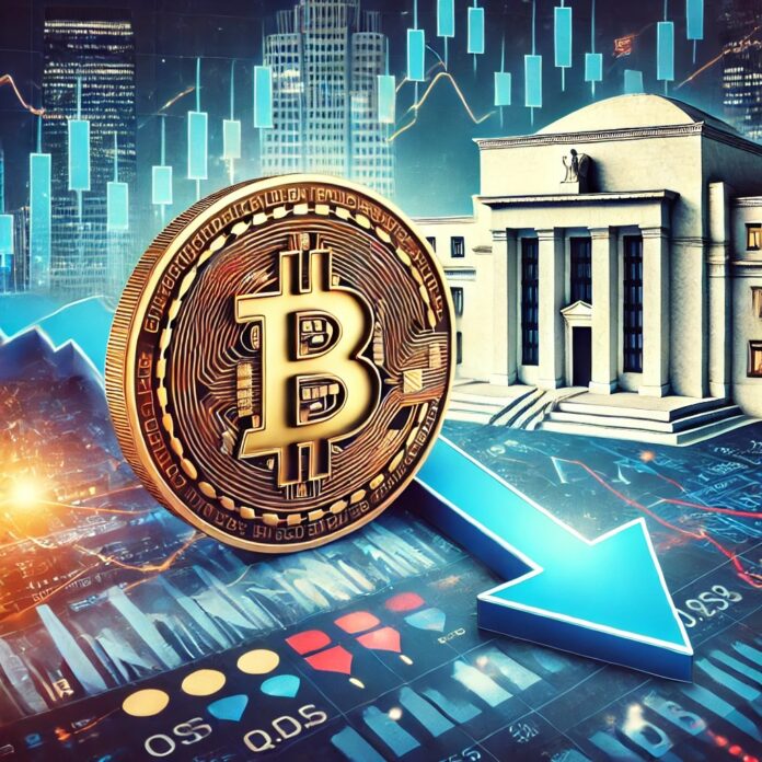 DALL·E-2024-08-30-17.25.00-A-digital-illustration-exploring-the-impact-of-the-upcoming-US-Fed-rate-cut-on-Bitcoin-with-insights-from-QCP-analysts.-The-image-features-a-Bitcoin-.jpg