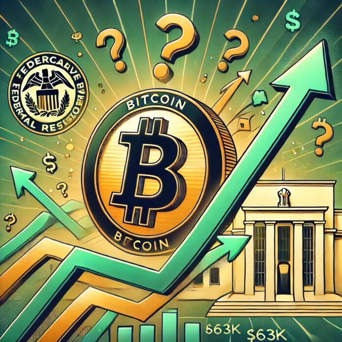 DALL·E-2024-09-19-15.52.02-A-digital-illustration-showing-Bitcoin-reclaiming-63K-following-a-Federal-Reserve-rate-cut-with-an-emphasis-on-questioning-the-rallys-authenticity.jpg