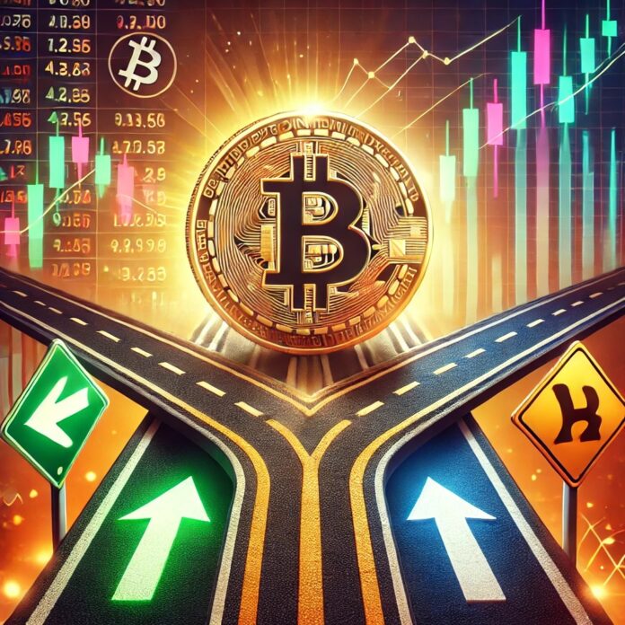 DALL·E-2024-12-06-16.50.30-A-compelling-digital-illustration-of-Bitcoins-market-at-a-crossroads-visually-represented-by-a-Bitcoin-logo-at-the-intersection-of-two-roads-one-le.jpg