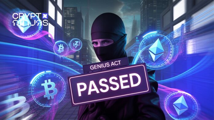 In-the-center-GENIUS-Act-and-the-Passed-sign-is….jpeg